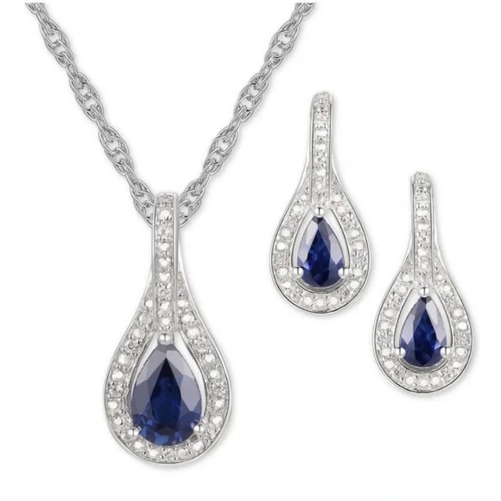 Macy's Silver-Tone Teardrop Necklace and Earring Set with Sapphire-Blue Stones